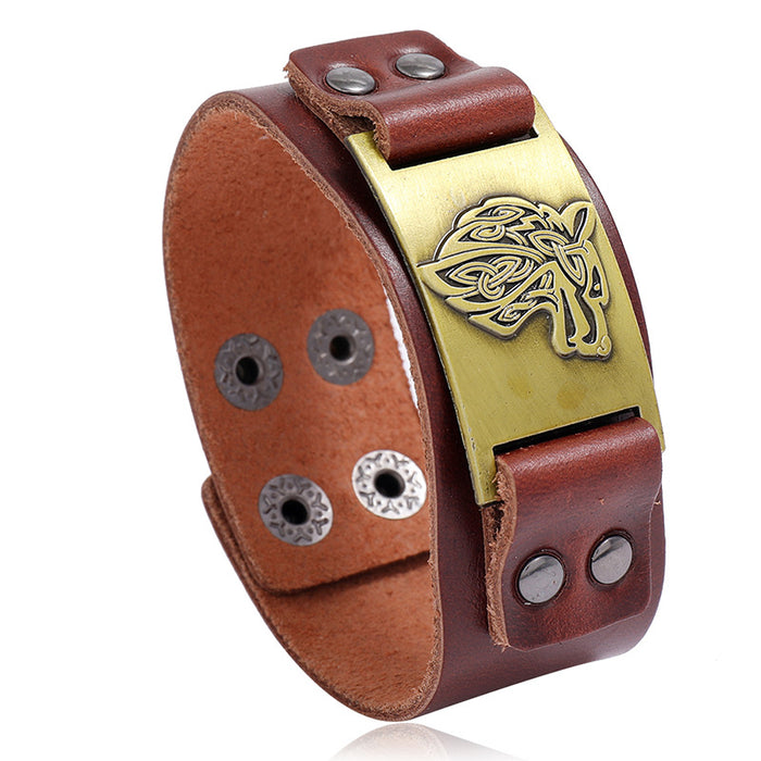 Nordic Viking Cowhide Bracelet Celtic Wolf Head Male