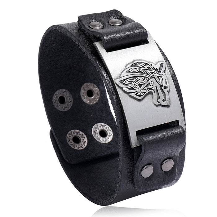 Nordic Viking Cowhide Bracelet Celtic Wolf Head Male