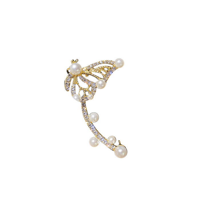 925 Silver Needle Korean Fashion Personality Pearl Diamond Butterfly Ear Stud Ear Bone Clip Single
