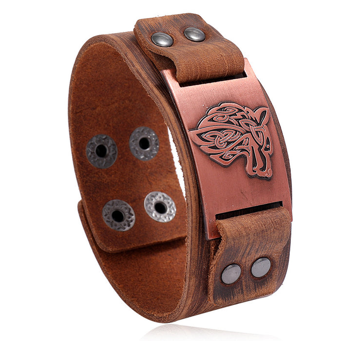 Nordic Viking Cowhide Bracelet Celtic Wolf Head Male