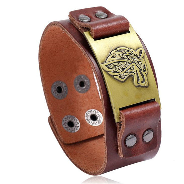 Nordic Viking Cowhide Bracelet Celtic Wolf Head Male