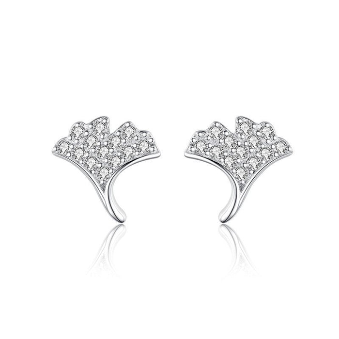 S925 Sterling Silver Diamond Ginkgo Leaf Stud Earrings